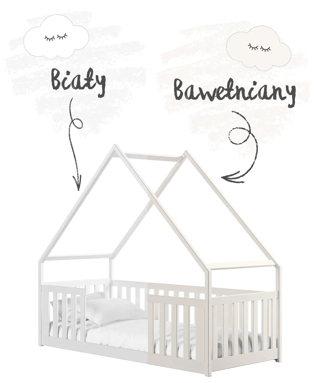 Łóżko domek LANO na białym tle ze strzałkami i kredowymi napisami: „Biały” oraz „Bawełniany”.